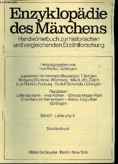 Enzyklopdie des Mrchens. Handwrterbuch zur historischen und vergleichenden Erzhlforschung. Band 1, Lieferung 4