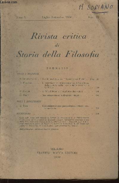 Rivista critica di Storia della Filosofia, Anno V, Luglio-Settembre 1950, fasc. III : Sur le problme du 