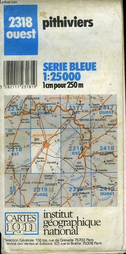IGN, CARTE SERIE BLEUE 1:25000, n2318 OUEST, PITHIVIERS