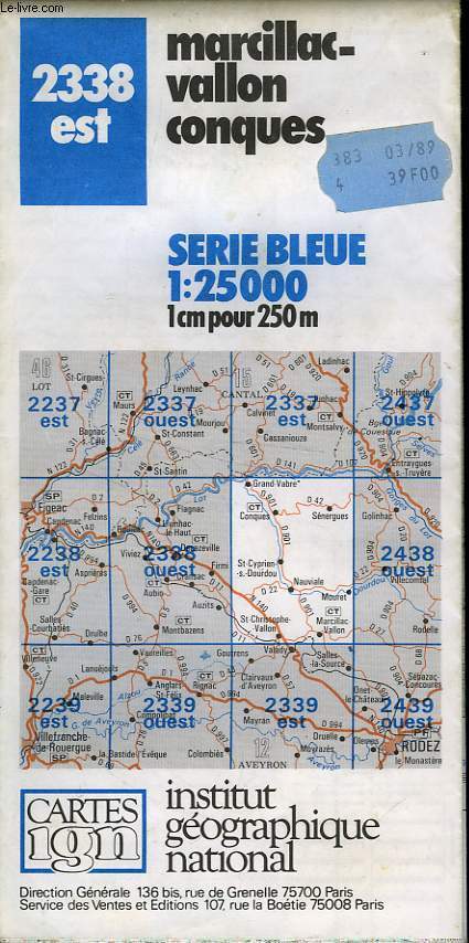 IGN, CARTE SERIE BLEUE 1:25000, n2338 EST, MARCILLAC VALLON CONQUES