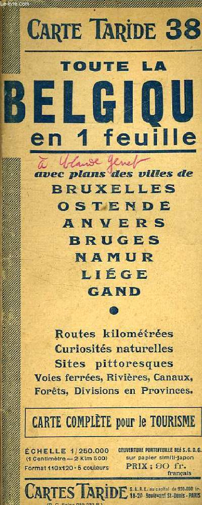 CARTE N°38 DE TOUTE LA BELGIQUE EN 1 FEUILLE- CARTE COMPLETE POUR LE TOURISME... - Afbeelding 1 van 1