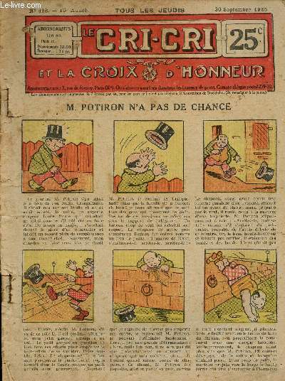 Le Cri-Cri - 2eme srie - anne 1926 - hebdomadaires n418  424 - du 30 septembre au 11 novembre 1926 - M. Potiron n'a pas de chance - Une battue - Les cadets aviss - Le complet d'Anatole - Une ide gniale -Le marqui le prince, le page et le chien - ..