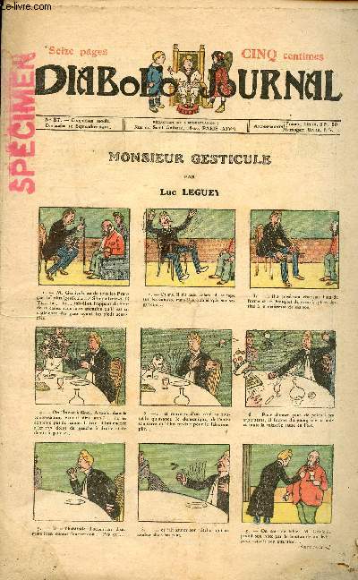 Diabolo journal - Anne 1911 - n37 du 10 septembre 1911 - Monsieur Gesticule par Luc Leguey - Les mmoires d'un couteau - Une affaire d'honneur - La lgende de furet du bois joli - Les deux plerins - Le chateau des fantmes par G. Ri - ...