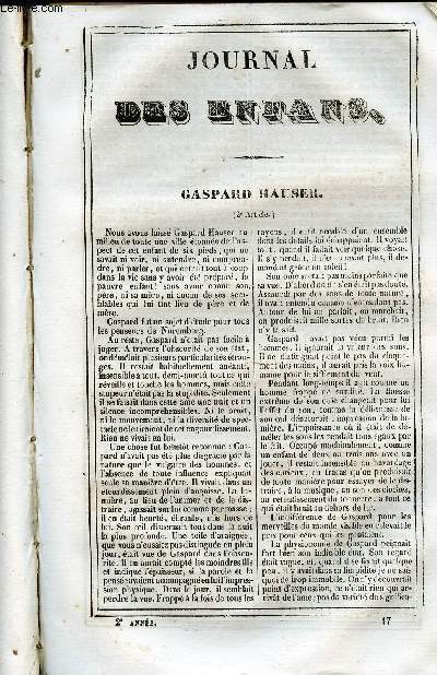 Le Journal des Enfans - extrait du tome 2 - 2eme anne - Gaspard Hauser (2eme article) par Jules Janin - La fte des ramoneurs  Londres par Ch. Lautour-Mzeray - Le capitaine des mousses par A. Jal - Les chiens clbres (suite) par James Rousseau - L'hos