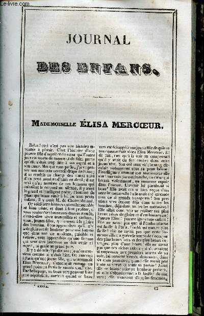 Le Journal des Enfans - extrait du tome 3 - 3eme anne - Mademoiselle Elisa Mercoeur par Jules Janin - Michel Hy, le tueur d'ours, souvenir de pyrnes par Achille Jubinal - Histoire de la lune et de mon ami Pierrot par Elonore de Vaulabelle - Ma premir