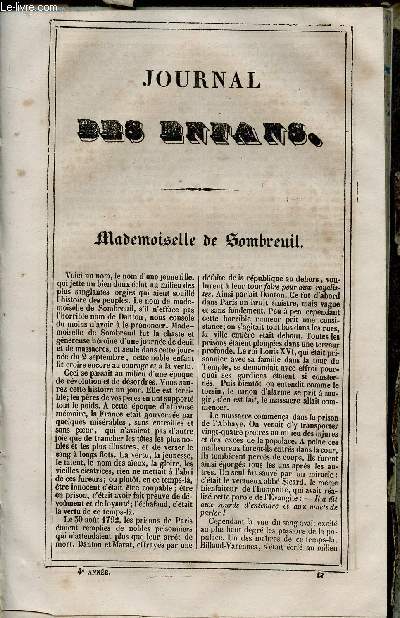 Le Journal des Enfans - extrait du tome 4 - 4eme anne - Mademoiselle de Sombreuil par Jules Janin - Les volcans, causerie paternelle par Paulin Richard - Rcrations de l'cole militaire : Bataille d'Aboukir par Antonin de Villars - Aventures amphibies d