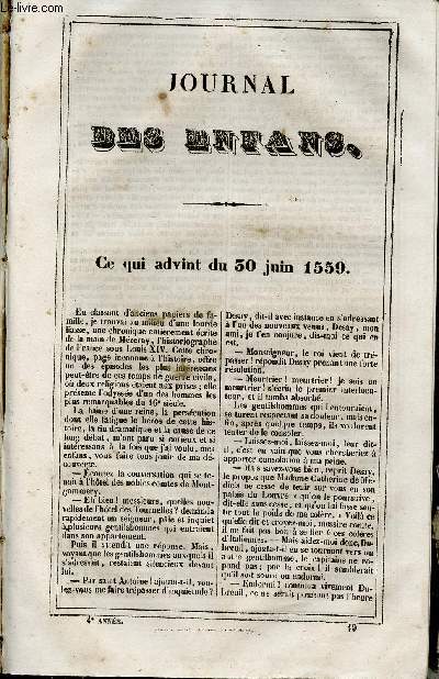 Le Journal des Enfans - extrait du tome 4 - 4eme anne - Ce qui advint du 30 juin 1559 par Ch. Lautour-Mzeray - Le paysan d'Artonay par Dumersan - Aventures amphibies de Robert-Robert et de son fidle compagnon Toussaint Lavenette par Louis Desnoyers / g