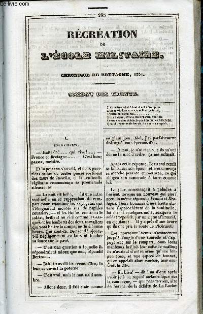 Le Journal des Enfans - extrait du tome 5 - 5eme anne - Rcration de l'cole militaire : Chronique de Bretagne, 1351, combat des trente par Antonin de Villars / gravures de Lacoste