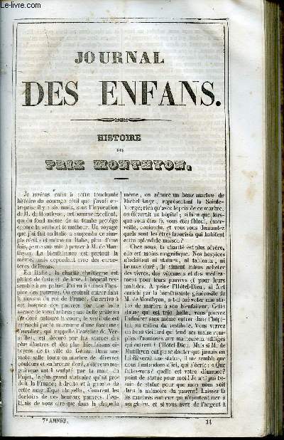 Le Journal des Enfans - extrait du tome 7 - 7eme anne - Histoires des prix Monthyon par Jules Janin - Rcrations de l'cole militaire ; Sac d'Avarike (suite et fin) par Antonin de Villars - Un enfant de six ans par E. Legouv - L'hopital des fous par Ed