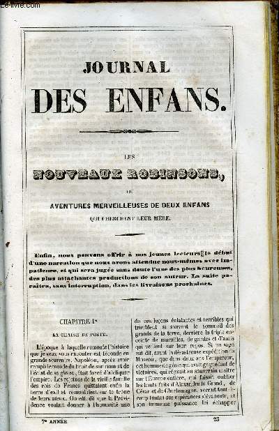 Le Journal des Enfans - extrait du tome 7 - 7eme anne - Les nouveaux robinsons ou aventures merveilleuses de deux enfants qui cherchent leur mre par Eugnie Foa - Polydor Durand par Margeanville - Blanc et noir par Edouard Ourliac - rcrations de l'co