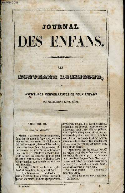 Le Journal des Enfans - extrait du tome 8 - 8eme anne - Les nouveaux robinsons ou aventures merveilleuse de deux enfans qui cherchent leur mre (suite) par Eugnie Foa / gravures de De Moraine,