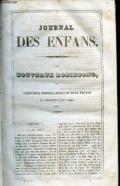 Le Journal des Enfans - extrait du tome 8 - 8eme anne - Les nouveaux robinsons ou aventures merveilleuses de deux enfans qui cherchent leur mre (suite) par Eugnie Foa / gravures de De Moraine, Lacoste