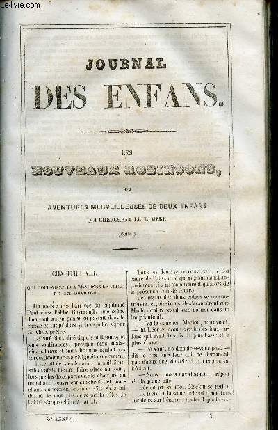 Le Journal des Enfans - extrait du tome 8 - 8eme anne - Les nouveaux robinsons ou aventures merveilleuses de deux enfans qui cherchent leur mre (suite) par Eugnie Foa - Le fils de la juive (suite et fin) par Eugne Nyon / gravures de Tellier, Lacoste