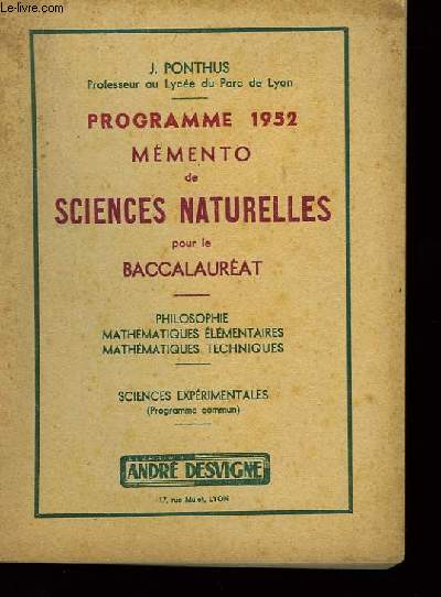 Mmento de Sciences Naturelles, pour le Baccalaurat.