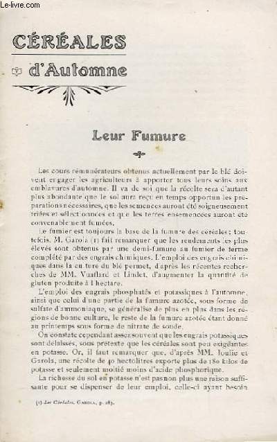 Crales d'Automne. Leur Fumure.