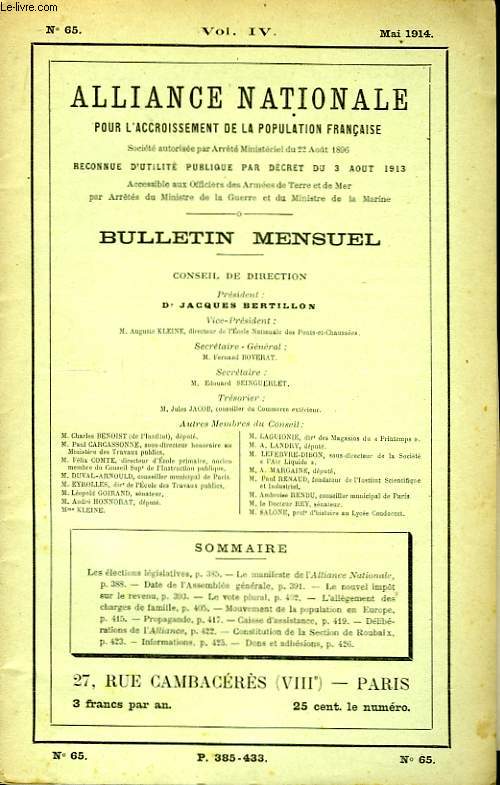 Bulletin Trimestriel de l'Alliance Nationale pour l'Accroissement de la Population Franaise. N65, vol. IV.