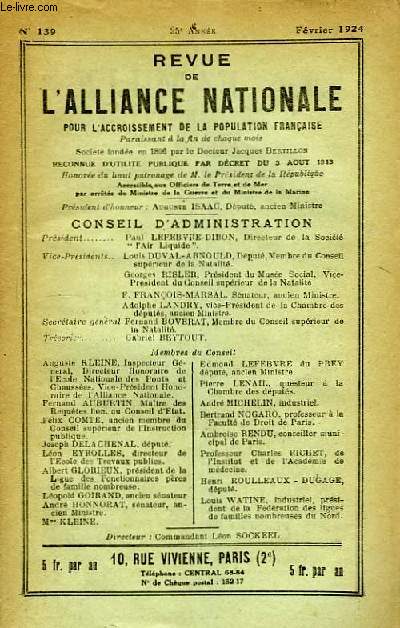 Revue de l'Alliance Nationale pour l'Accroissement de la Population Franaise. N139, 25me anne.