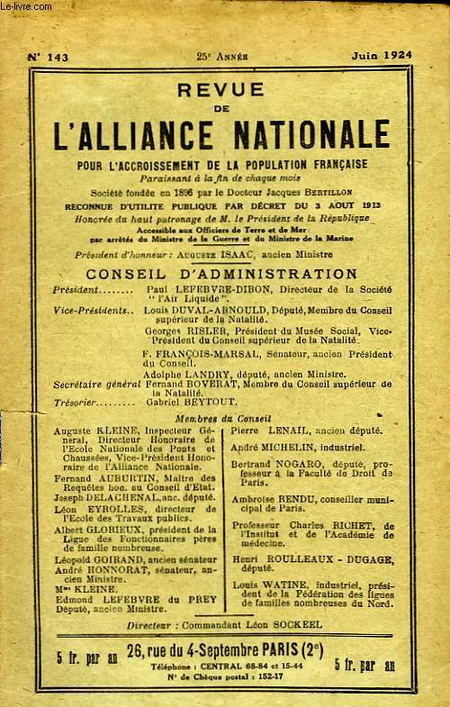 Revue de l'Alliance Nationale pour l'Accroissement de la Population Franaise. N143, 25me anne.