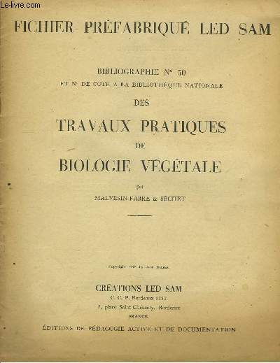 Fichier Prfabriqu Led Sam. Bibliographie n50 et N de cte  la Bibliothque Nationale des Travaux Pratiques de Biologie Vgtale.