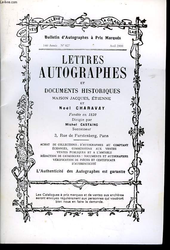 Lettres autographes et Documents historiques. Catalogue n827