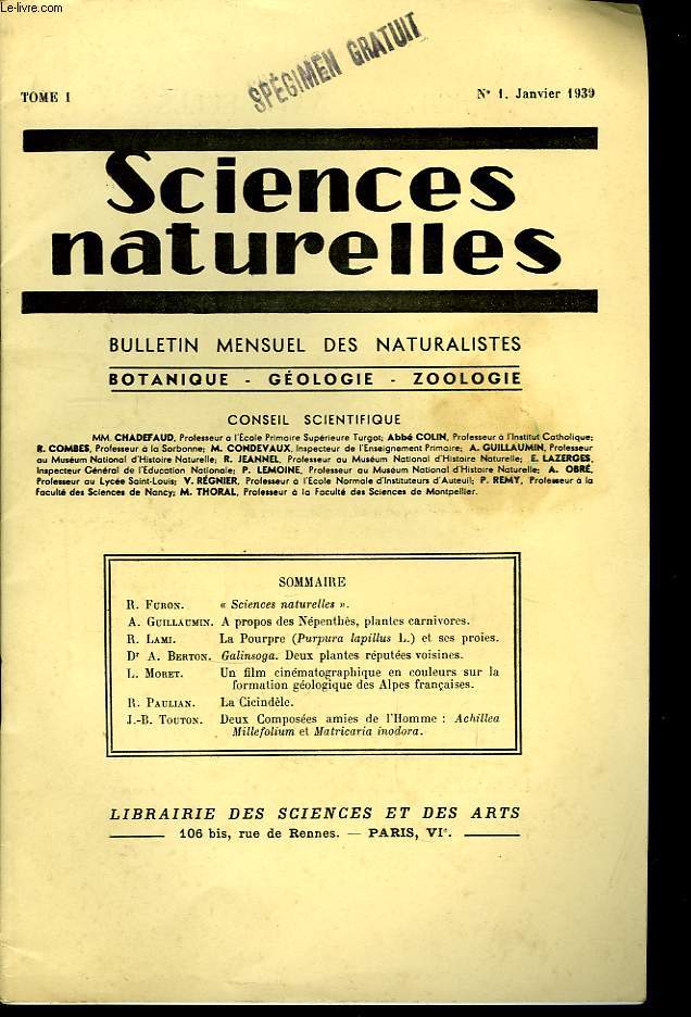 Sciences Naturelles N1, TOME I