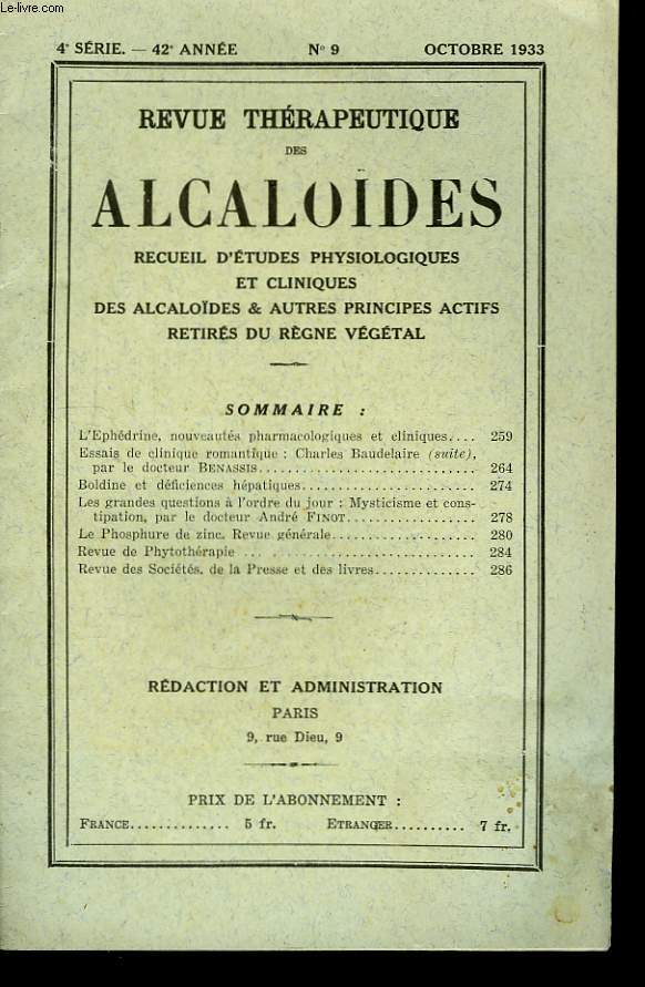 Revue Thrapeutique des Alcalodes. N9, 42me anne