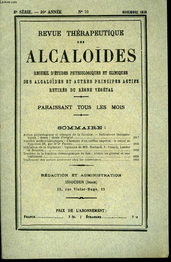 Revue Thrapeutique des Alcalodes. N70, 20me anne.