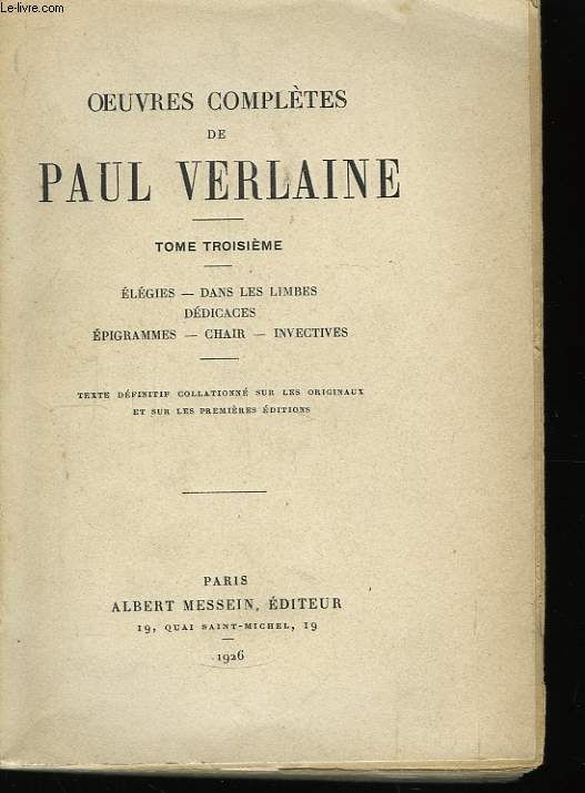 Oeuvres Compltes de Verlaine. TOME III