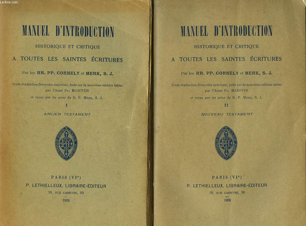 Manuel d'Introduction, historique et critique,  toutes les Sainte Ecritures. En 2 TOMES