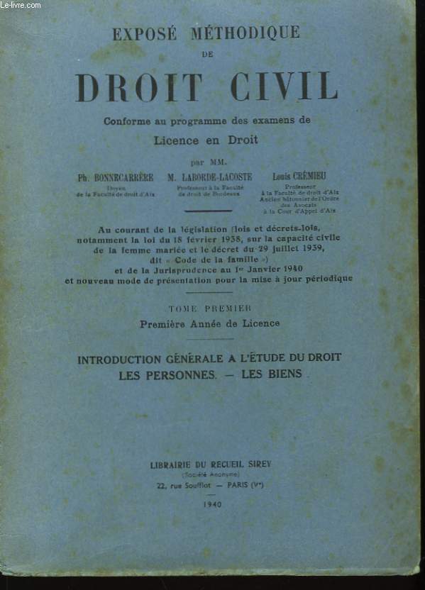 Expos Mthodique de Droit Civil. TOME Ier : 1re anne de Licence.