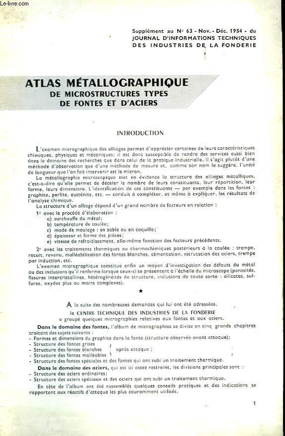 Atlas mtallographique de microstructures types de fontes et d'aciers. Supplment au n63