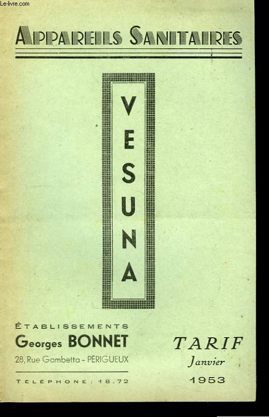 Appareils Sanitaires Vesuna. Tarif janvier 1953