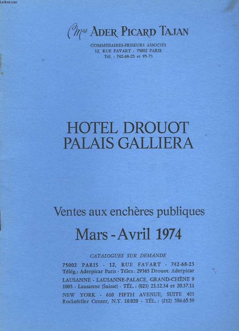 Catalogue de Ventes aux enchres publiques. Mars - Avril 1974