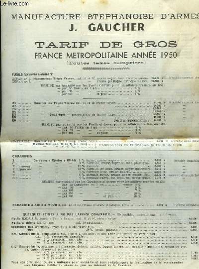 Tarif de Gros. France mtropolitaine anne 1950