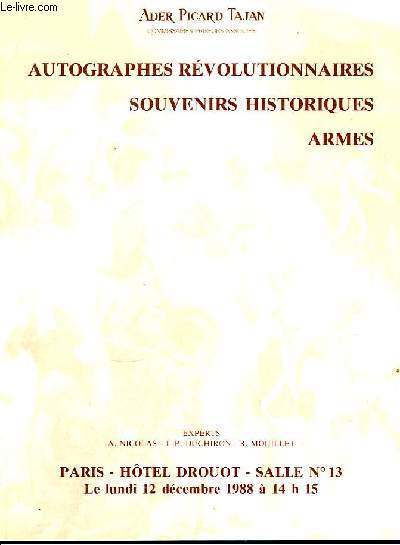 Catalogue de Vente aux Enchères d'Autographes révolutionnaires, souvenirs historiques et armes.