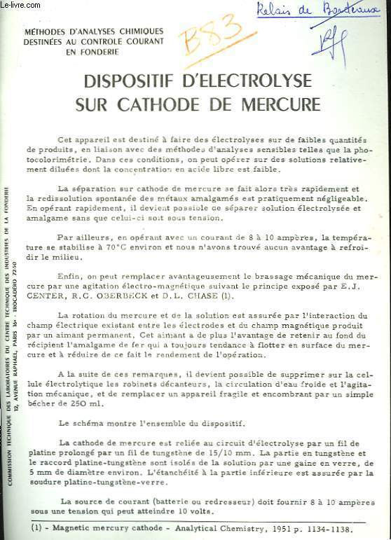 Dispositif d'Electrolyse sur cathode de Mercure.