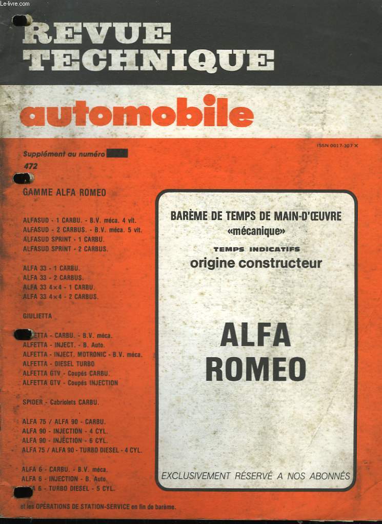 Revue Technique Automobile Supplément au N°472 : Alfa Roméo.