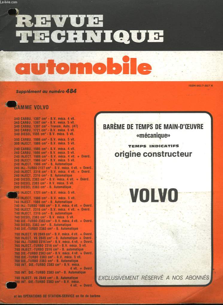 Revue Technique Automobile. Supplment au N484 : Volvo.