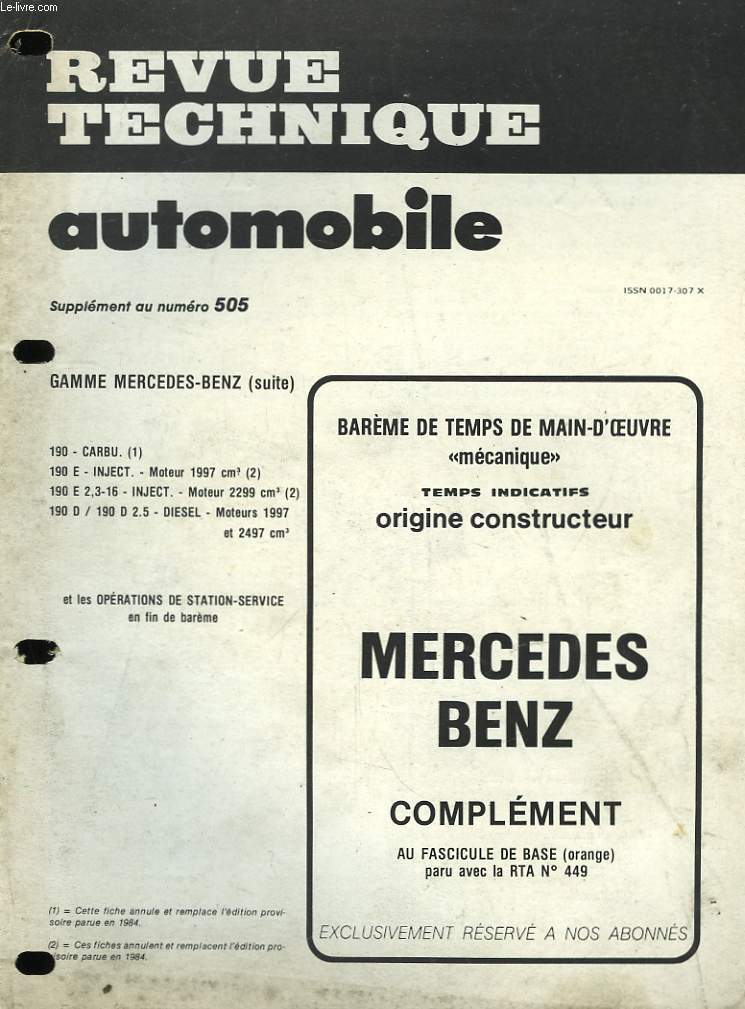 Revue Technique Automobile. Supplment au n505 : Mercedes-Benz