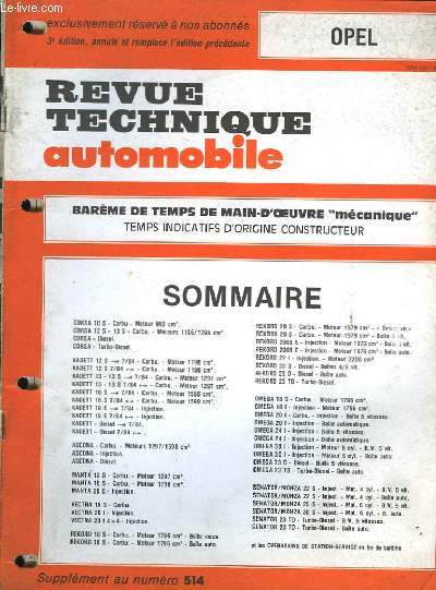 Revue Technique Automobile. Supplément au n°514 : Opel