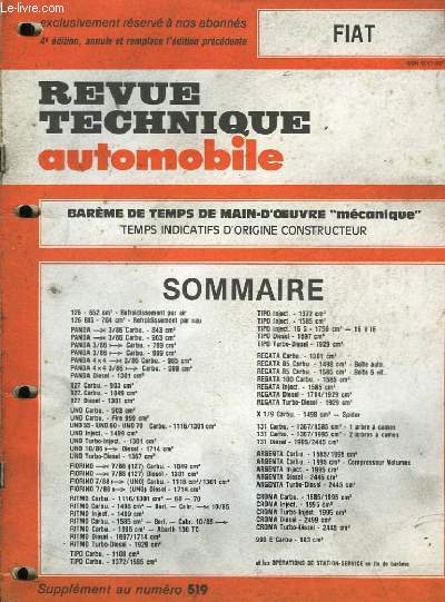 Revue Technique Automobile. Supplément au n°519 : Fiat.