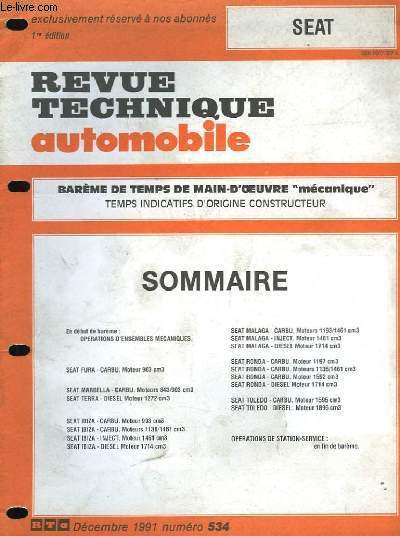 Revue Technique Automobile. Supplment au n534 : Seat.