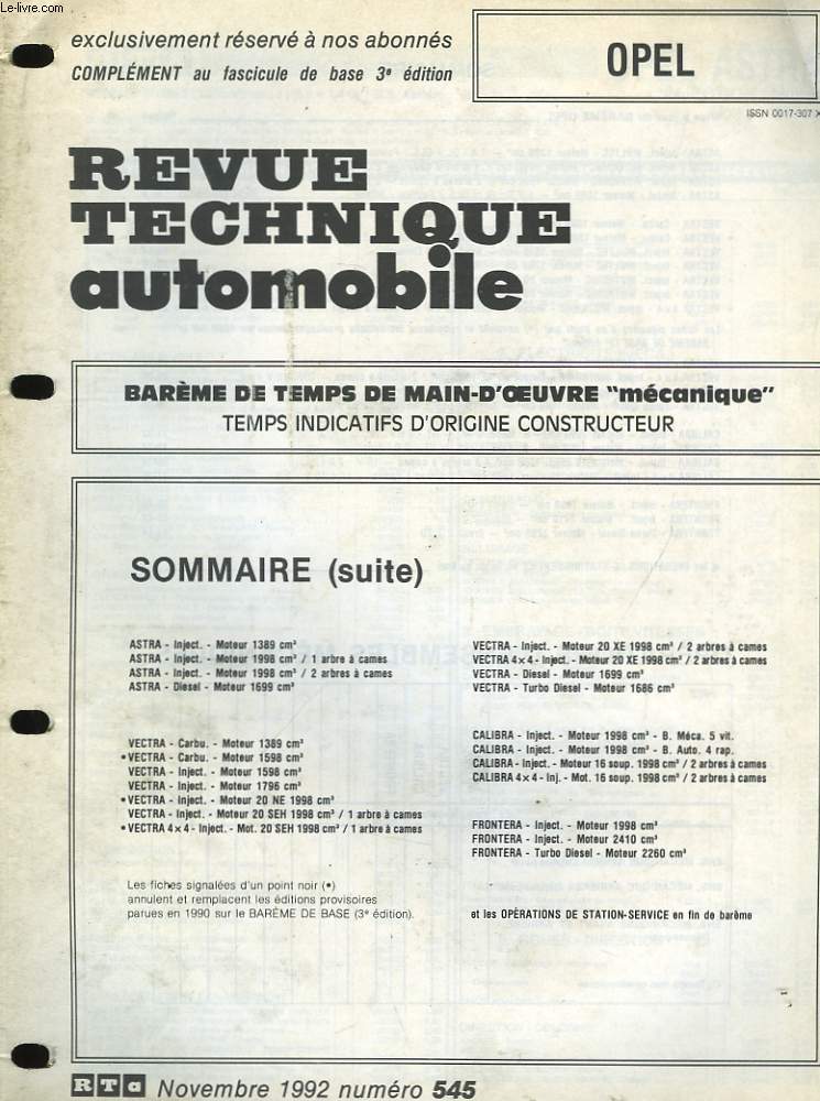 Revue Technique Automobile. Supplment au n545 : Opel