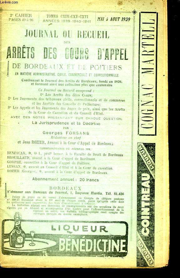 Journal ou Recueil des Arrts des Cours d'Appel, de Bordeaux et de Poitiers. TOMES CXIV - CXV - CXVI. 2me cahier.