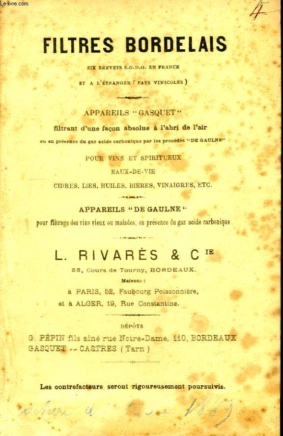 Filtres Bordelais. Appareils Gasquet