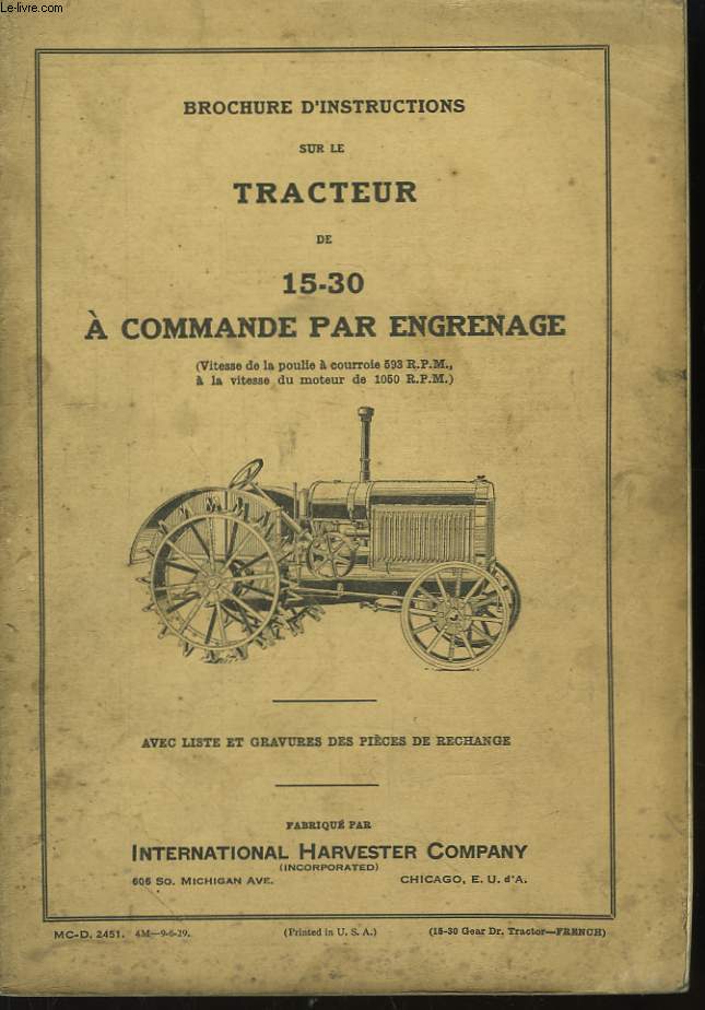 Brochure d'Instructions sur le Tracteur de 15-30  commande par engrenage.