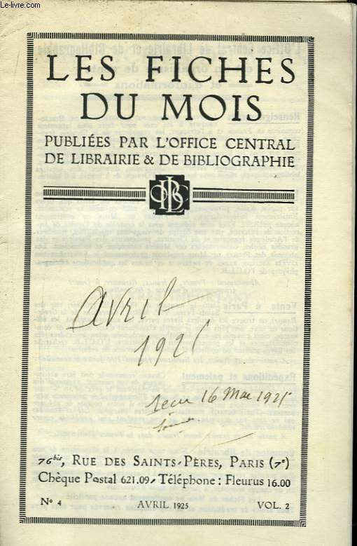 Les Fiches du Mois N°4, vol. 2 - DIEVAL - 1925 - Afbeelding 1 van 1