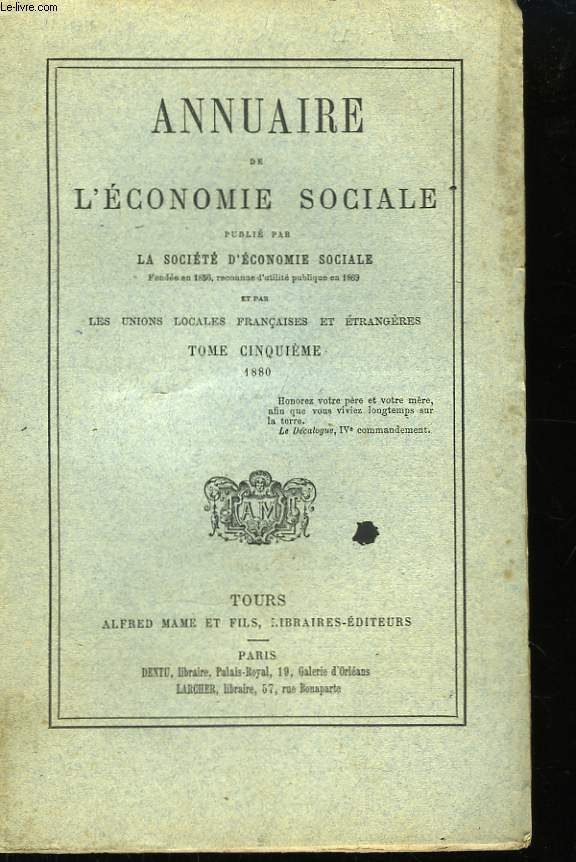 Annuaire de l'Economie Sociale. TOME 5 : 1880, 1re partie.