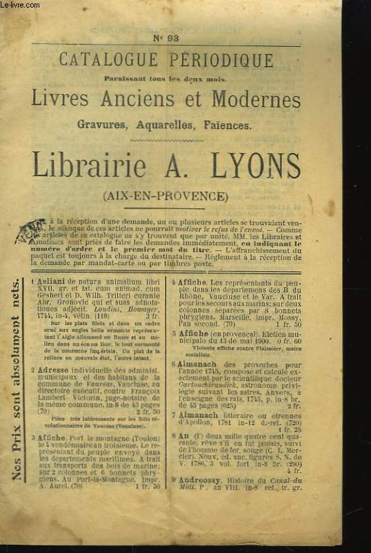 Catalogue Priodique de Livres Anciens et Modernes. N93