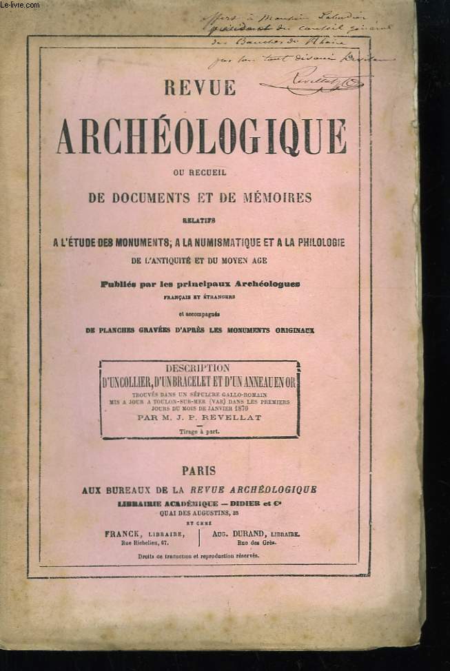 Revue archologique. Description d'un collier, d'un bracelet et d'un anneau en or.